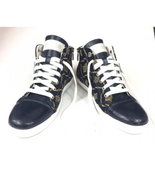 Luxury handmade sneakers blue leather & exclusive fabric
